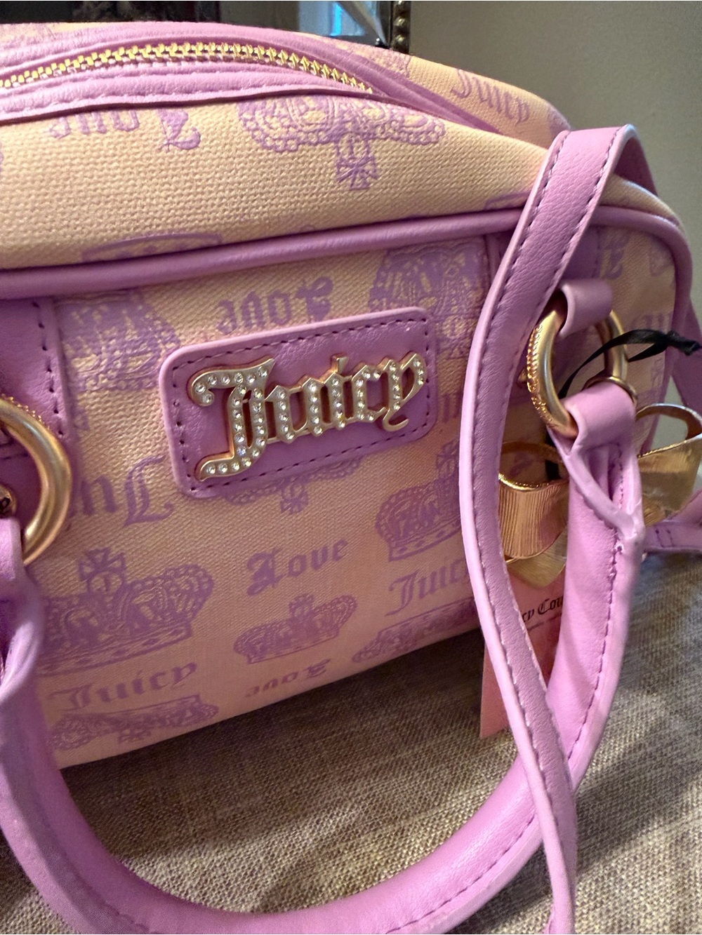 Exclusive Juicy Couture Pink and Cream Logo Bow Charm Crossbody Bag - Picture 9 of 13